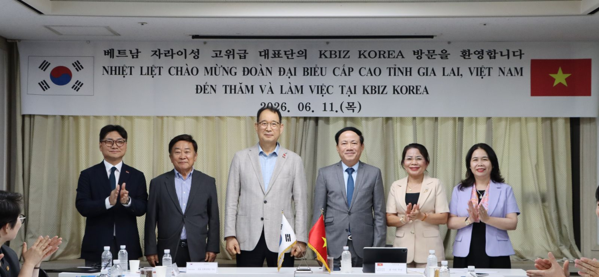 Ông Phạm Anh Tuấn, Ủy viên Trung ương Đảng, Phó Bí thư Tỉnh ủy, Chủ tịch UBND tỉnh Gia Lai và đoàn công tác tại buổi làm việc với Hiệp hội Doanh nghiệp vừa và nhỏ Hàn Quốc (KBIZ). (Ảnh: CTT UBND tỉnh Gia Lai)