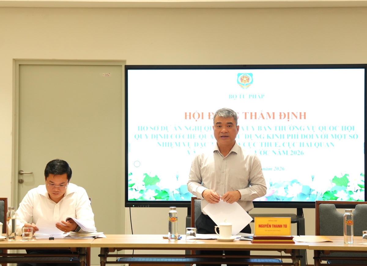 Thứ trưởng Bộ Tư pháp Nguyễn Thanh Tú chủ trì Hội đồng thẩm định. Ảnh: MOJ.