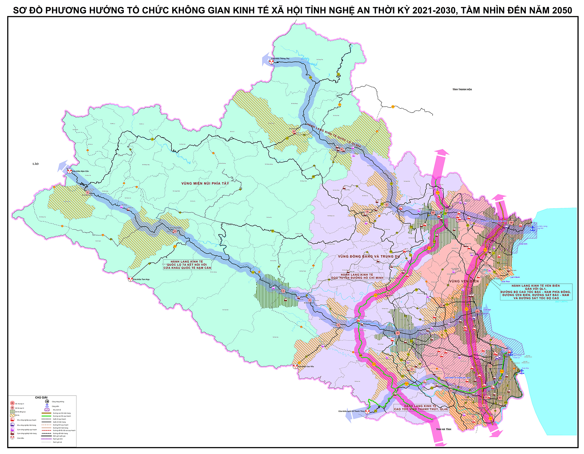 Sơ đồ phương hướng tổ chức không gian kinh tế - xã hội tỉnh Nghệ An thời kỳ 2021 - 2030, tầm nhìn đến năm 2050