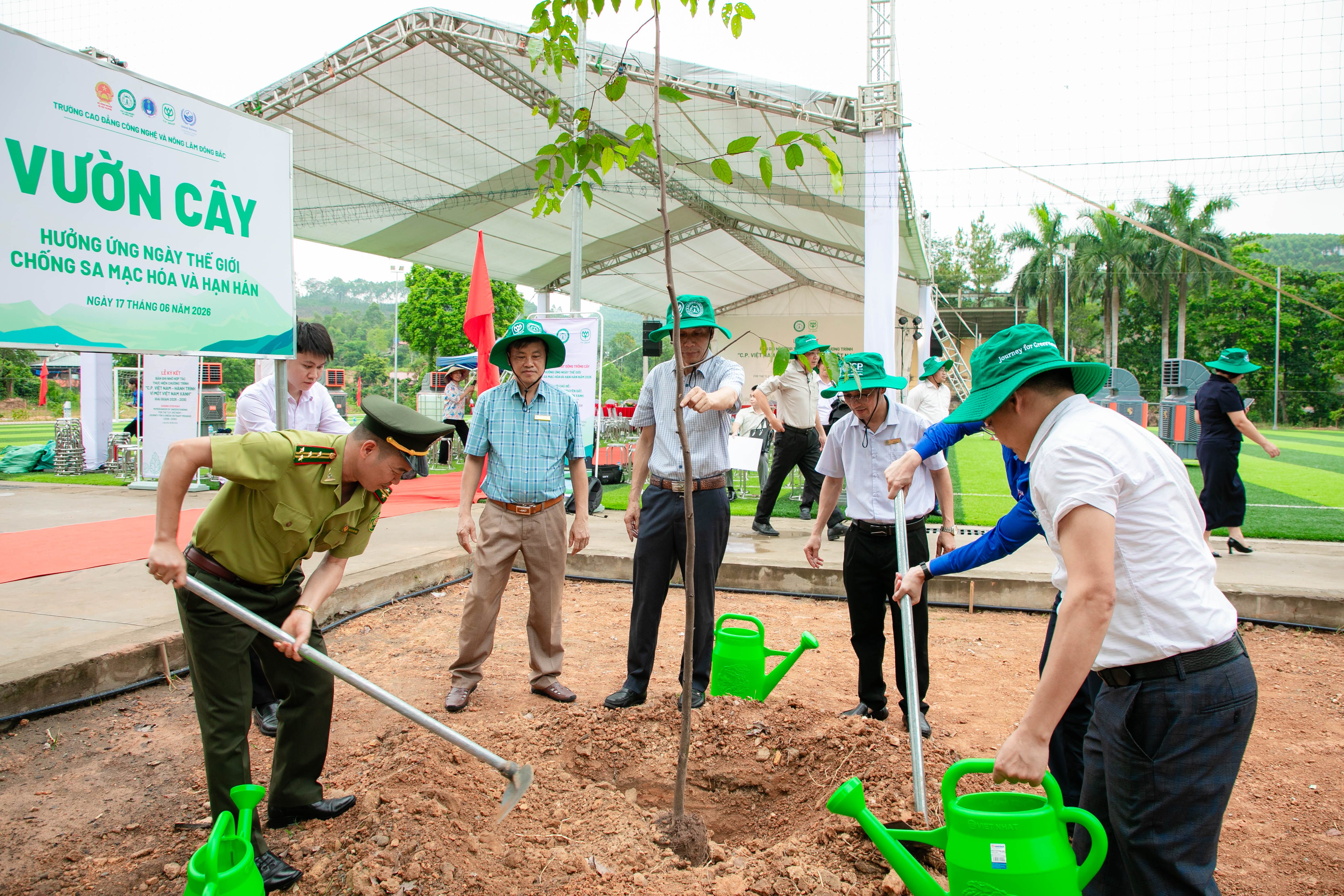 Các đại biểu tham gia trồng cây tại Trường Cao đẳng Công nghệ và Nông lâm Đông Bắc sau lễ phát động hưởng ứng Ngày Thế giới chống sa mạc hóa và hạn hán năm 2026. Ảnh: C.P. Việt Nam.