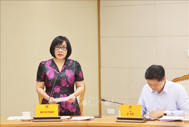 Thứ trưởng Bộ Tư pháp Đặng Hoàng Oanh trình bày Đề án thí điểm thực hiện đánh giá, chấm điểm (KPI) về công tác xây dựng pháp luật. Ảnh: TTXVN.