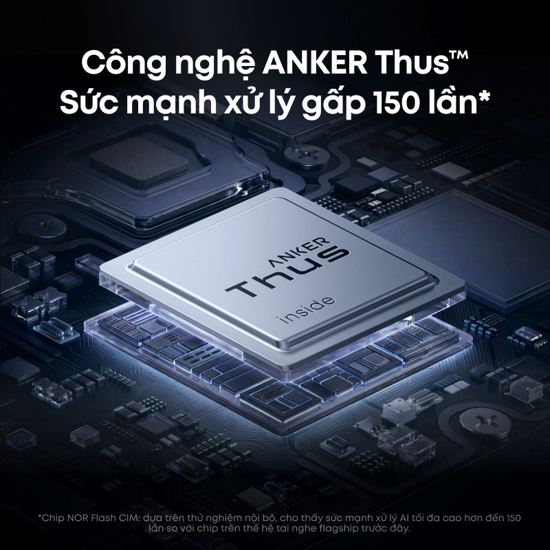 Chip NOR Flash CIM với sức mạnh xử lý AI tối đa cao hơn đến 150 lần so với chip trên thế hệ tai nghe flagship trước đây. Ảnh: Anker.