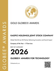 Kaopiz giành đồng thời hai danh hiệu cao nhất Gold Winner và Best of Category tại Globee Awards for Technology 2026. Ảnh: Kaopiz.