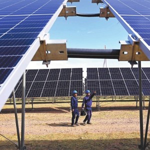 Công nhân kiểm tra một nhà máy điện gió và điện mặt trời tại thành phố Ulaanqab, Khu tự trị Nội Mông, Trung Quốc. Ảnh: Wang Zheng/China Daily.
