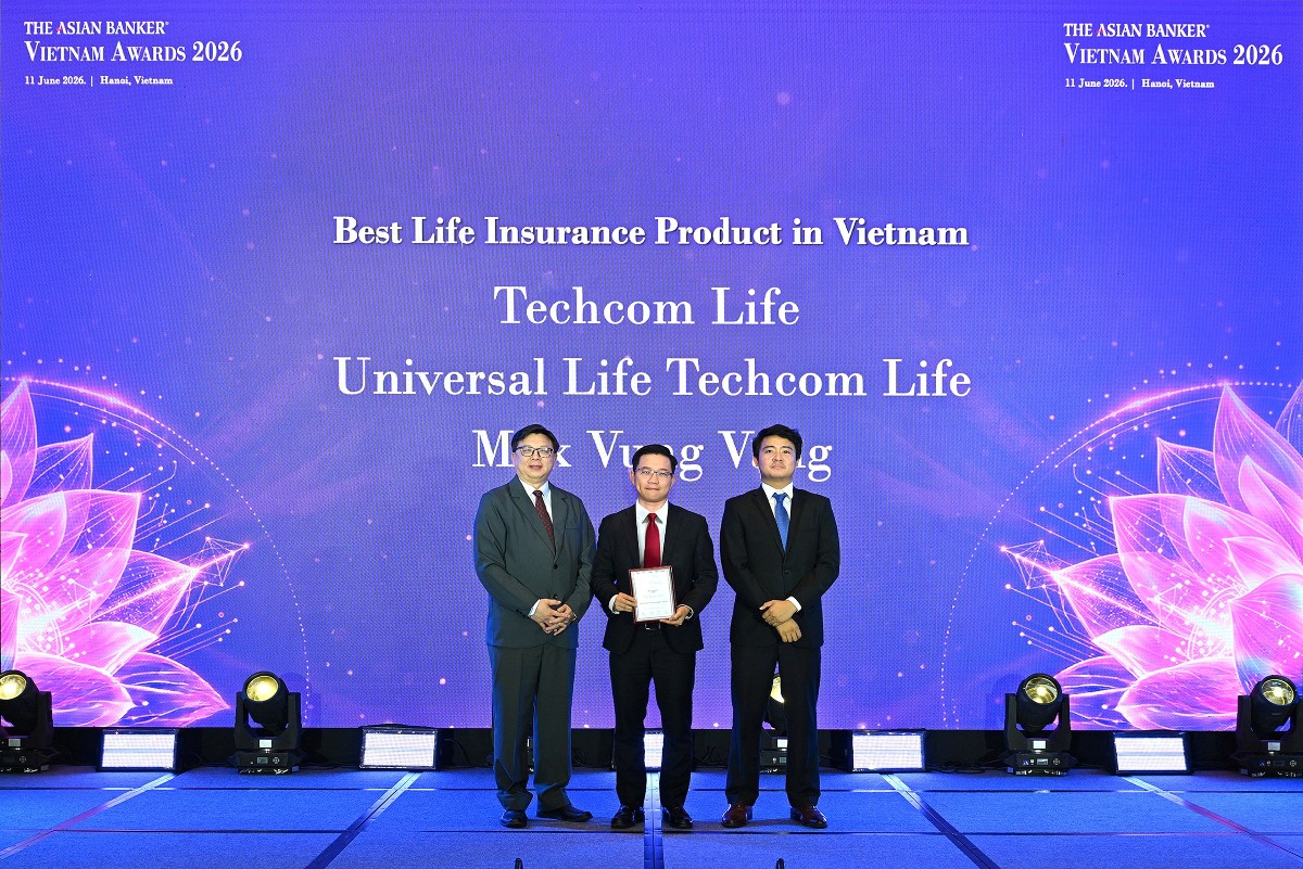 Sản phẩm Universal Life Techcom Life Max Vững Vàng giành giải Sản phẩm Bảo hiểm Nhân thọ xuất sắc nhất Việt Nam tại Lễ trao giải The Asian Banker Vietnam Awards 2026. Ảnh Techcom Life.