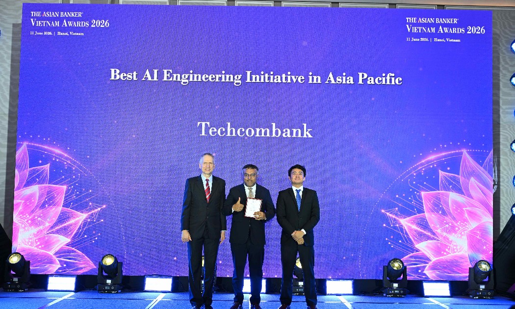 Techcombank xuất sắc giành giải thưởng Sáng kiến Kỹ thuật AI xuất sắc nhất khu vực Châu Á - Thái Bình Dương tại Lễ trao giải AI Excellence Awards 2026 của The Asian Banker. Ảnh Techcombank.