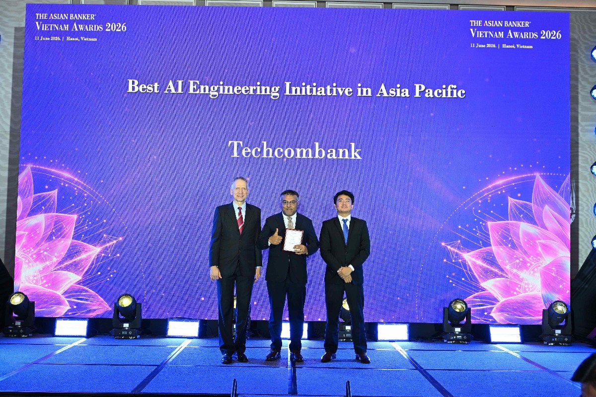 Techcombank xuất sắc giành giải thưởng Sáng kiến Kỹ thuật AI xuất sắc nhất khu vực Châu Á - Thái Bình Dương tại Lễ trao giải AI Excellence Awards 2026 của The Asian Banker. Ảnh Techcombank.