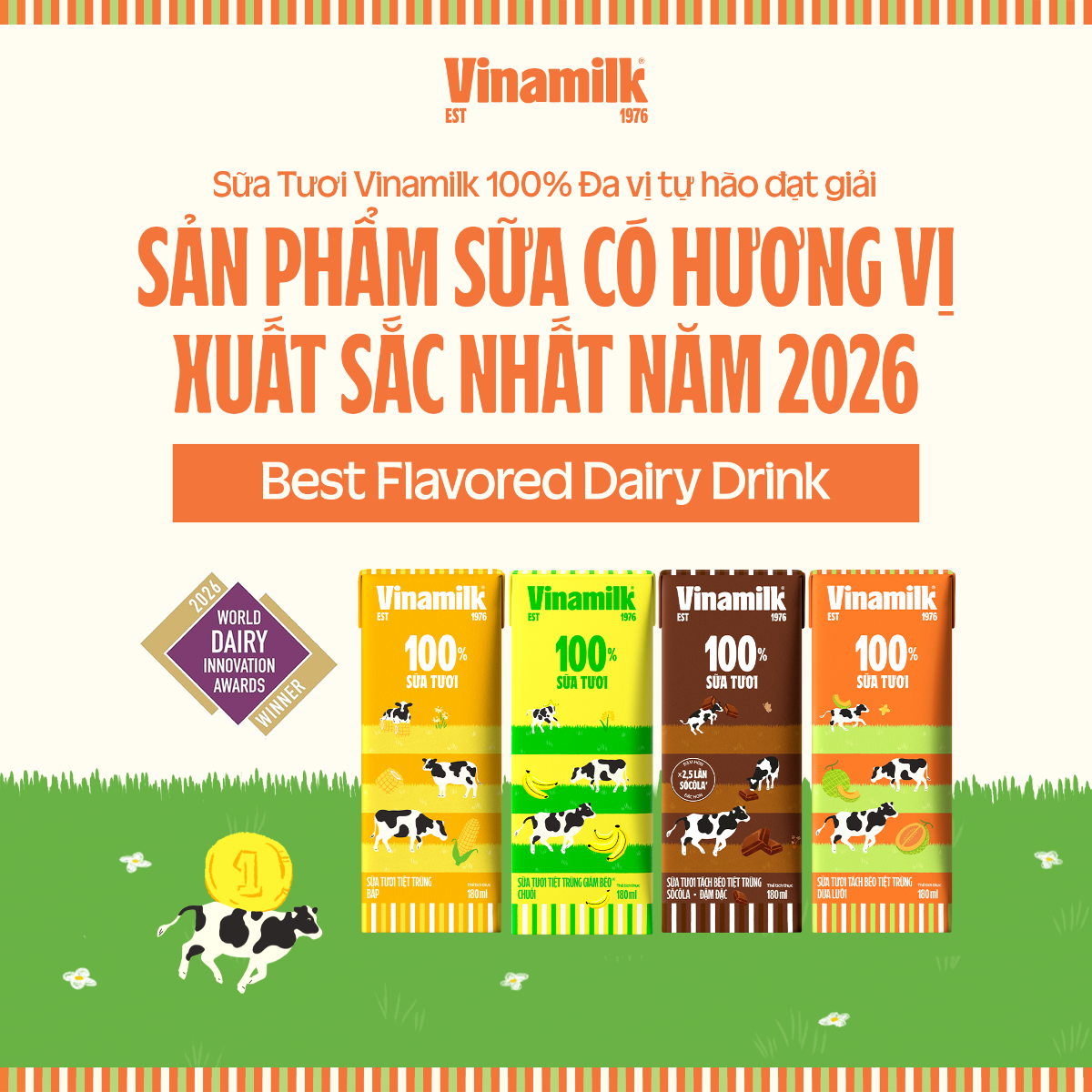 Sữa tươi Vinamilk 100% đa vị được vinh danh tại World Dairy Innovation Awards 2026 với hạng mục Sản phẩm sữa có hương vị xuất sắc nhất (Ảnh: Vinamilk).