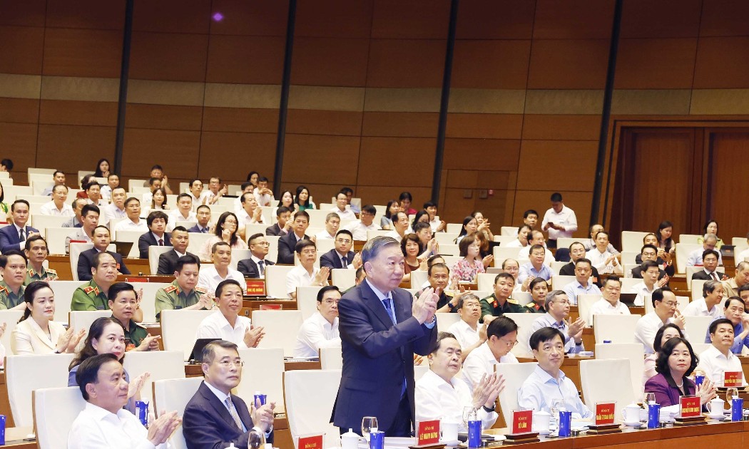 Tổng Bí thư, Chủ tịch nước Tô Lâm tại Hội nghị toàn quốc nghiên cứu, học tập, quán triệt và triển khai thực hiện Nghị quyết số 10-NQ/TW về phát triển kinh tế có vốn đầu tư nước ngoài. Ảnh: TTXVN.