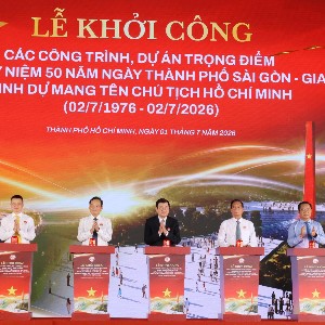Các đại biểu nhấn nút khởi công 8 dự án trọng điểm - Ảnh: Cổng thông tin điện tử TP. Hồ Chí Minh