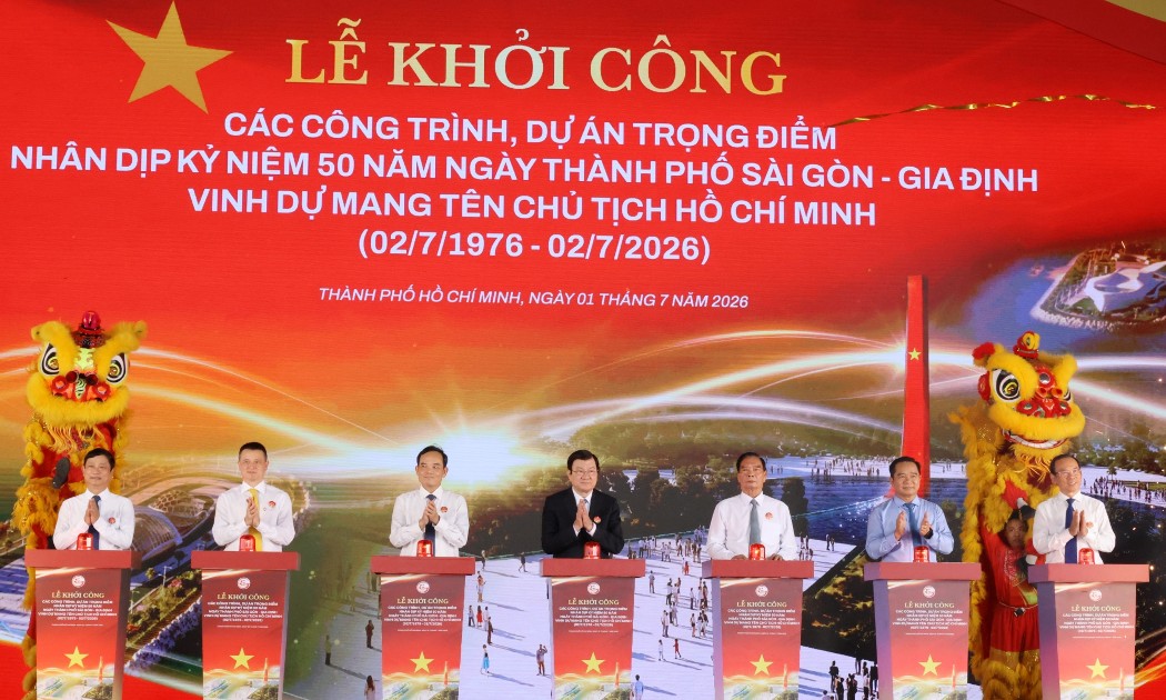 Các đại biểu nhấn nút khởi công 8 dự án trọng điểm - Ảnh: Cổng thông tin điện tử TP. Hồ Chí Minh
