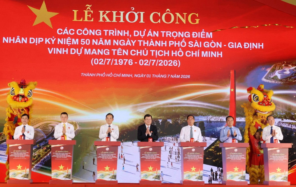 Các đại biểu nhấn nút khởi công 8 dự án trọng điểm - Ảnh: Cổng thông tin điện tử TP. Hồ Chí Minh