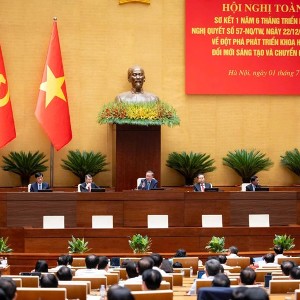 Hội nghị sơ kết 1 năm 6 tháng triển khai thực hiện Nghị quyết số 57-NQ/TW ngày 22/12/2024 về đột phá phát triển khoa học công nghệ, đổi mới sáng tạo và chuyển đổi số quốc gia. Ảnh: Quốc hội