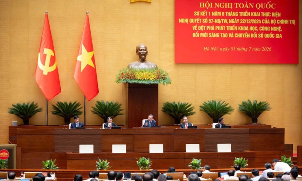 Hội nghị sơ kết 1 năm 6 tháng triển khai thực hiện Nghị quyết số 57-NQ/TW ngày 22/12/2024 về đột phá phát triển khoa học công nghệ, đổi mới sáng tạo và chuyển đổi số quốc gia. Ảnh: Quốc hội