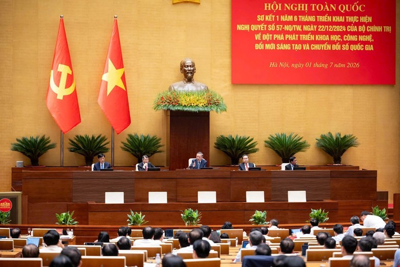 Hội nghị sơ kết 1 năm 6 tháng triển khai thực hiện Nghị quyết số 57-NQ/TW ngày 22/12/2024 về đột phá phát triển khoa học công nghệ, đổi mới sáng tạo và chuyển đổi số quốc gia. Ảnh: Quốc hội