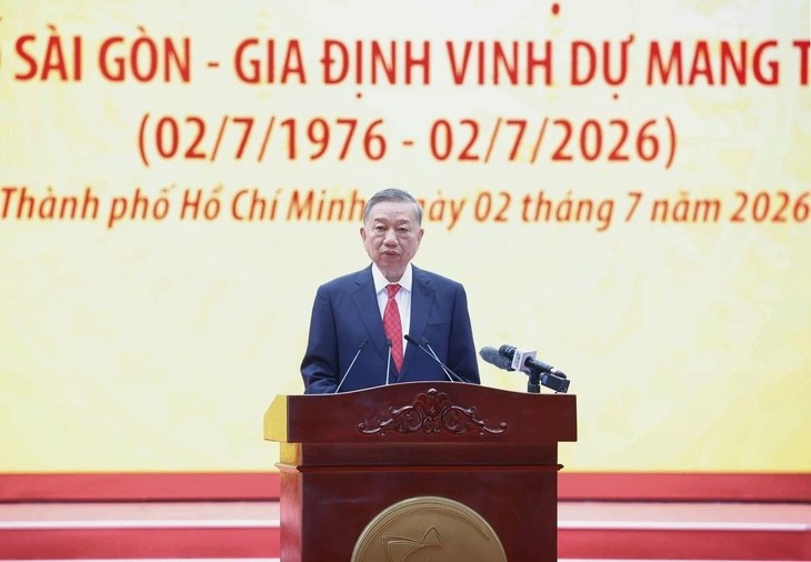 Tổng Bí thư, Chủ tịch nước Tô Lâm phát biểu tại Lễ kỷ niệm 50 năm Ngày thành phố Sài Gòn - Gia Định vinh dự mang tên Chủ tịch Hồ Chí Minh - Ảnh: TTXVN