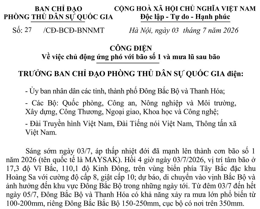 Công điện số 27/CĐ-BCĐ-BNNMT yêu cầu các địa phương, bộ, ngành khẩn trương triển khai các biện pháp ứng phó với bão số 1.
