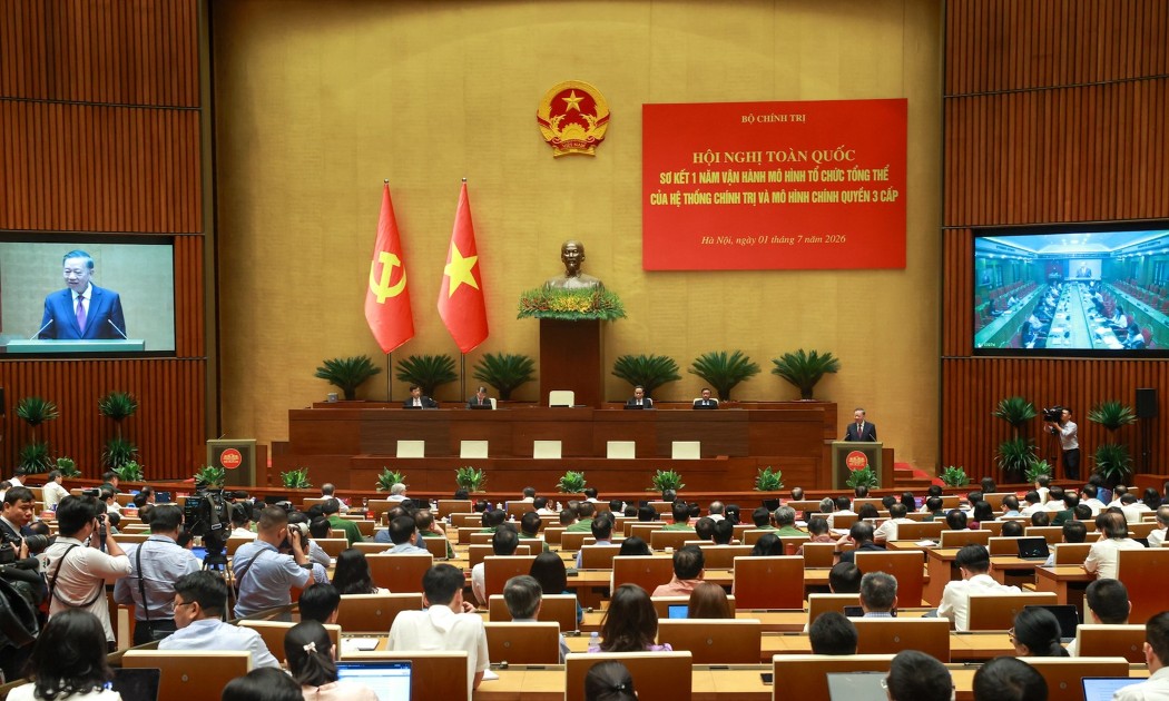 Bộ Chính trị tổ chức Hội nghị toàn quốc sơ kết một năm vận hành mô hình tổ chức tổng thể của hệ thống chính trị, mô hình chính quyền 3 cấp. Tổng Bí thư, Chủ tịch nước Tô Lâm chủ trì Hội nghị. Ảnh: TTXVN
