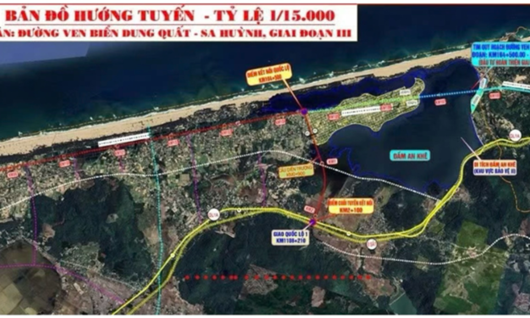 Các vị trí và hướng tuyến đường ven biển Dung Quất - Sa Huỳnh (giai đoạn 3).