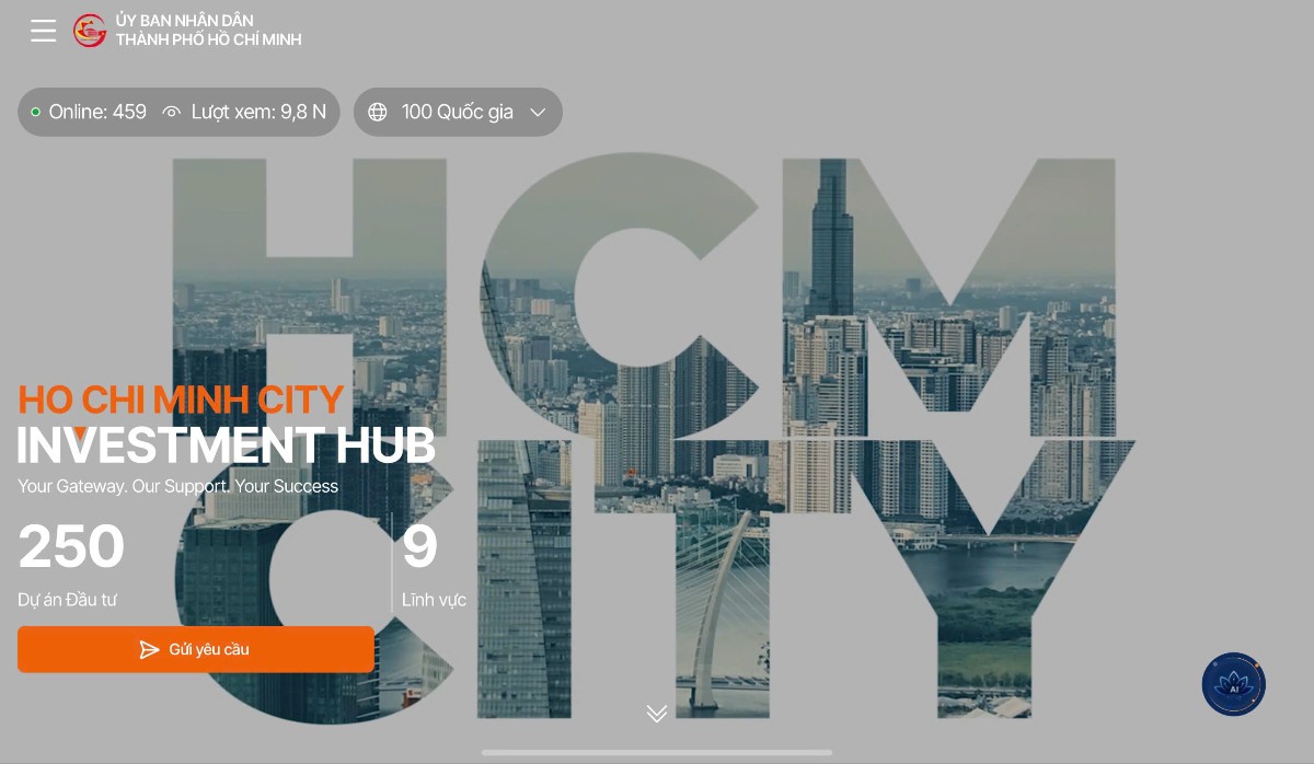 Giao diện tại trang chủ phiên bản thử nghiệm Hạ tầng xúc tiến đầu tư trên môi trường số TP. Hồ Chí Minh (HCMCInvest) - Ảnh chụp màn hình