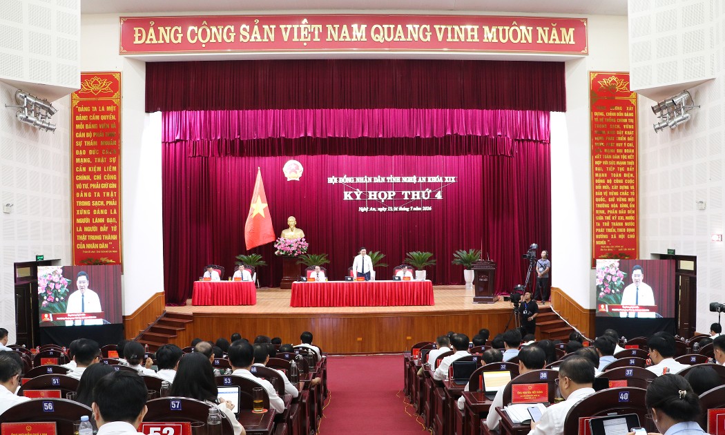 Quang cảnh kỳ họp thứ 4, HĐND tỉnh Nghệ An khóa XIX nhiệm kỳ 2026 – 2031 chiều 13/7/2026. Ảnh: Cổng thông tin điện tử tỉnh Nghệ An
