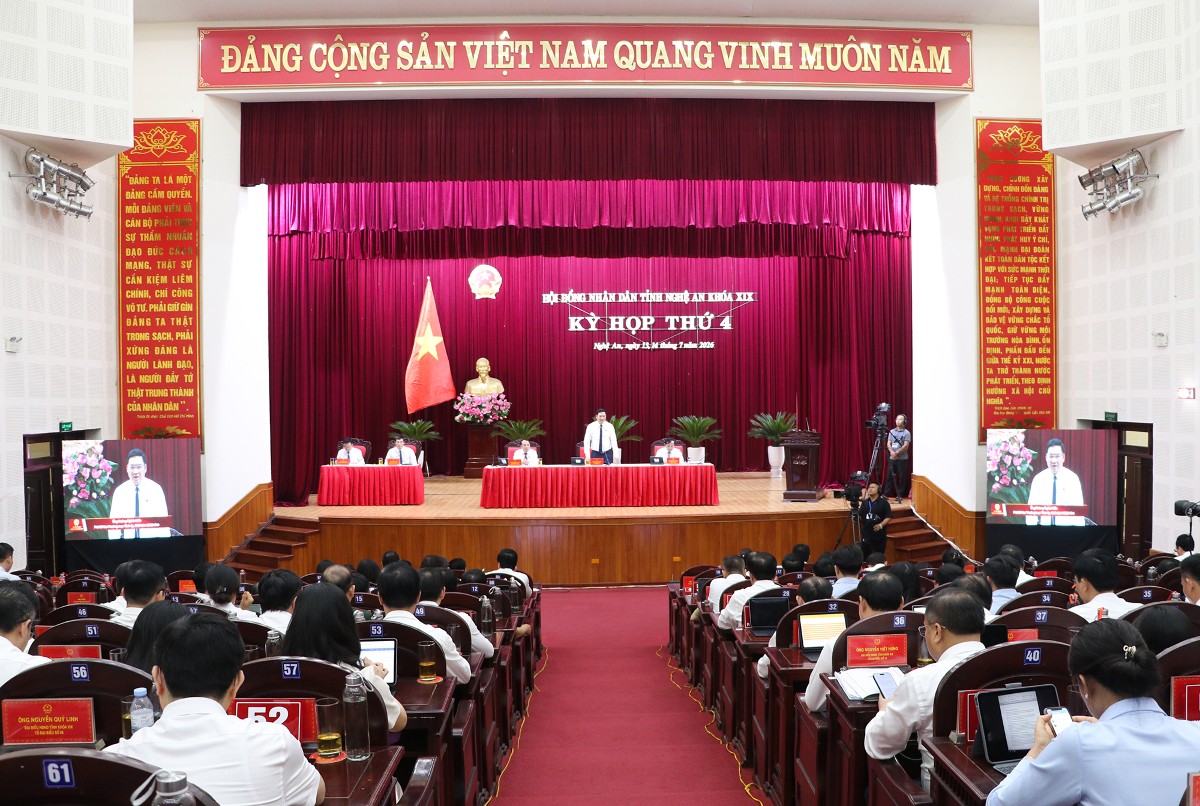 Quang cảnh kỳ họp thứ 4, HĐND tỉnh Nghệ An khóa XIX nhiệm kỳ 2026 – 2031 chiều 13/7/2026. Ảnh: Cổng thông tin điện tử tỉnh Nghệ An