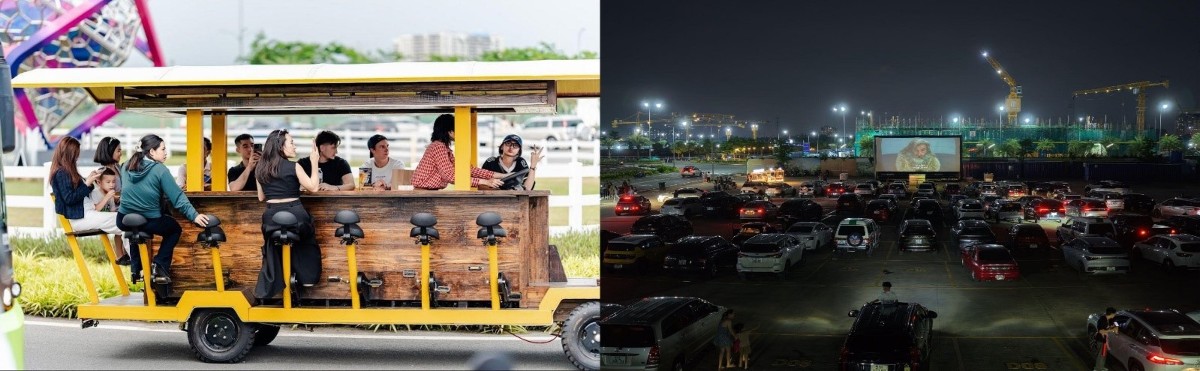 Khách tham quan hào hứng trải nghiệm mô hình Beer Bike & Drive-in theater tại The Global City. Ảnh: The Global City.