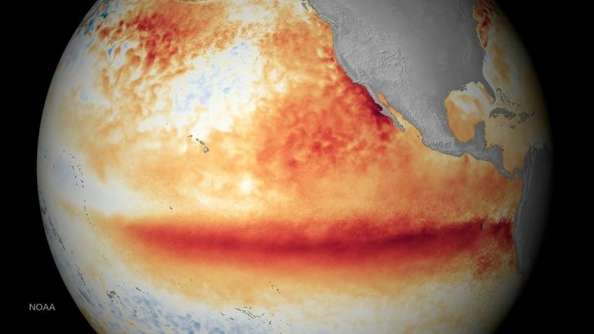 Hiện tượng El Niño gắn liền với sự nóng lên của bề mặt nước biển ở khu vực phía đông vùng nhiệt đới Thái Bình Dương và kéo theo nhiều tác động trên phạm vi toàn cầu, trong đó có những mùa đông mưa nhiều hơn tại Đông Phi. Ảnh: NOAA/AFP