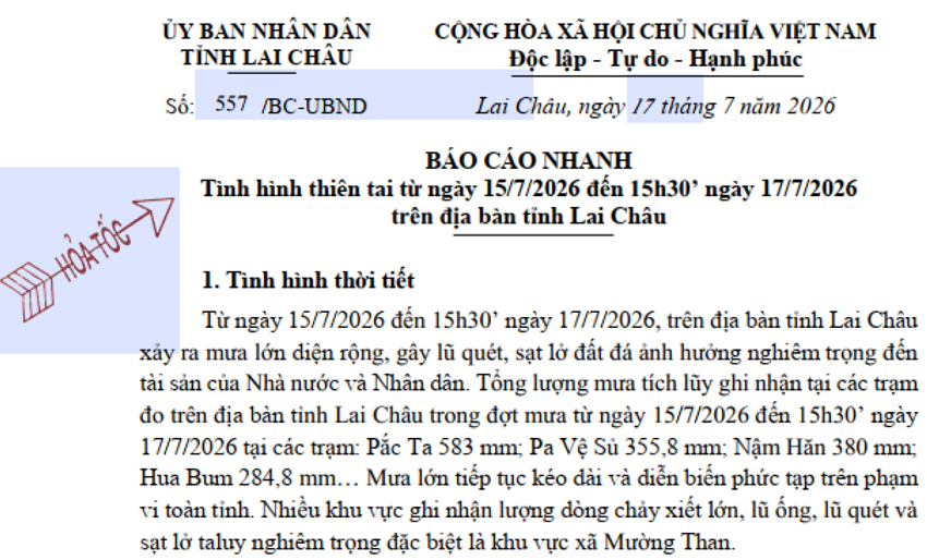Báo cáo nhanh của UBND tỉnh Lai Châu.