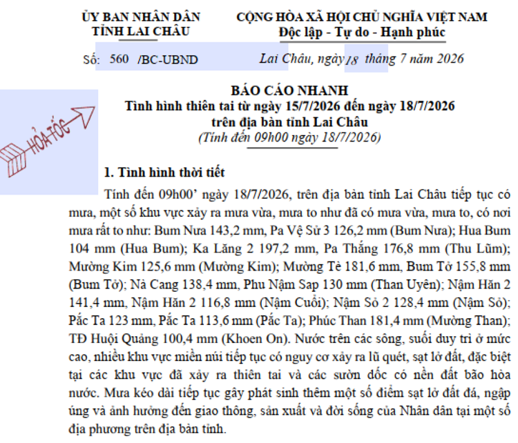 Báo cáo nhanh của UBND tỉnh Lai Châu