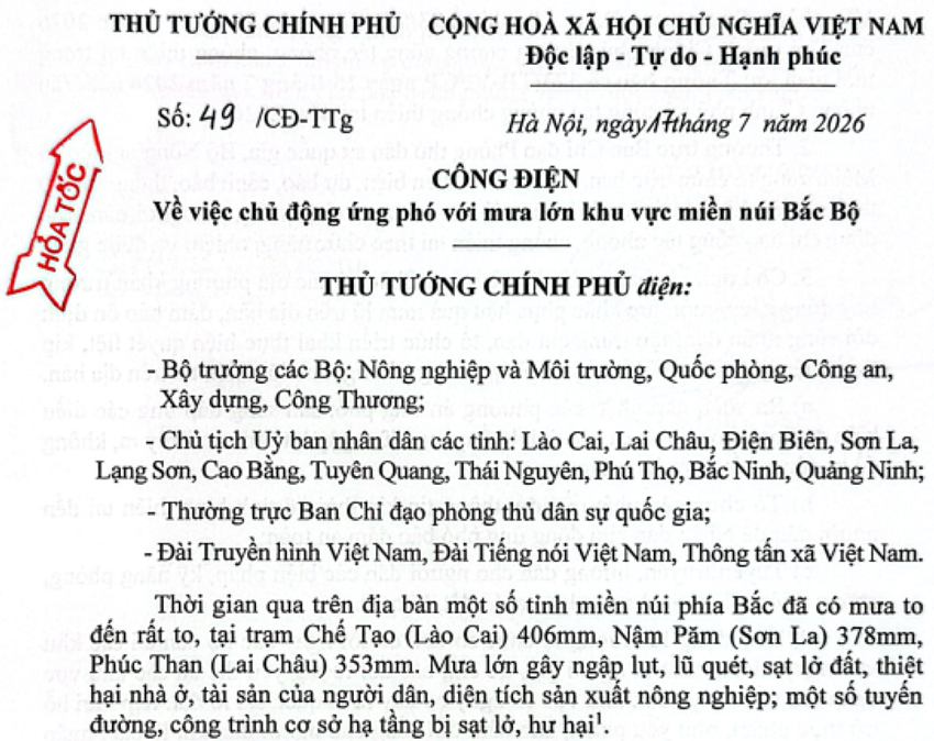 Công điện của Thủ tướng Chính phủ.