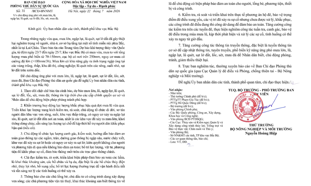 Công văn của Ban Chỉ đạo Phòng thủ dân sự quốc gia.