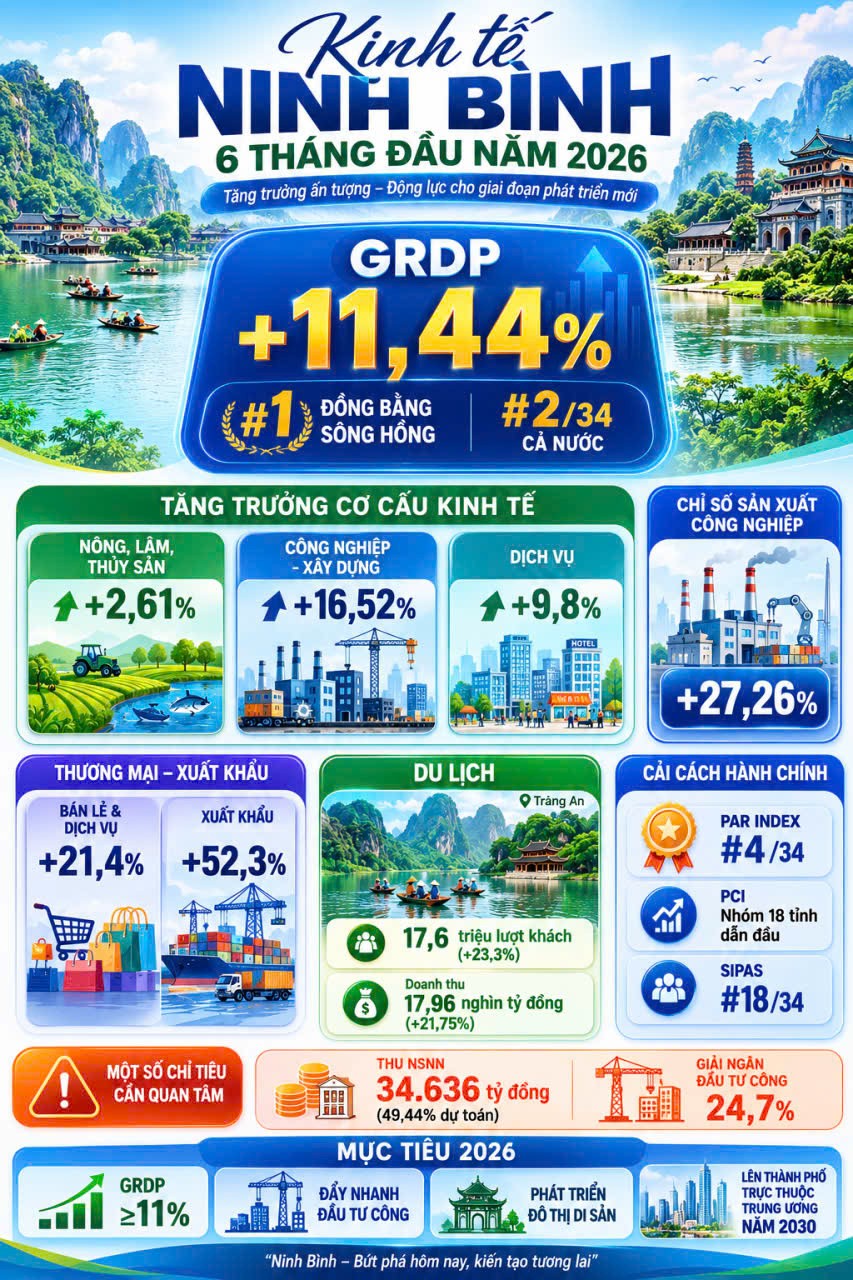 Số liệu kinh tế 6 tháng đầu năm 2026 của tỉnh Ninh Bình (đồ họa TXT)