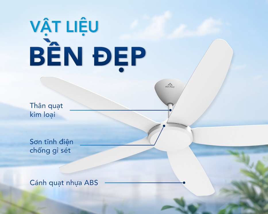Thân quạt làm bằng kim loại phủ sơn tĩnh điện chống gỉ, cánh làm từ nhựa ABS. Ảnh: Hòa Phát.