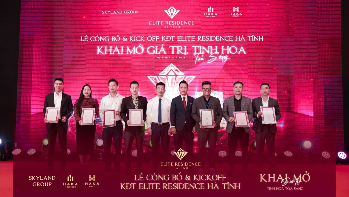 Các đơn vị Đại lý/ Liên minh chiến lược dự án Elite Residence Hà Tĩnh tại buổi Lễ công bố và Kich off. Ảnh: Skyland-Group.