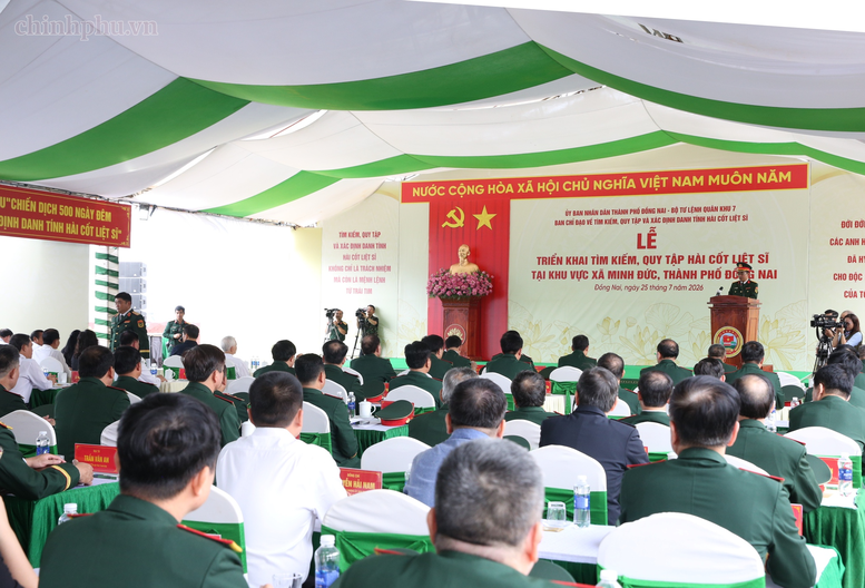 Lễ triển khai tìm kiếm, quy tập hài cốt liệt sĩ tại khu vực xã Minh Đức (TP. Đồng Nai). Ảnh: VGP.