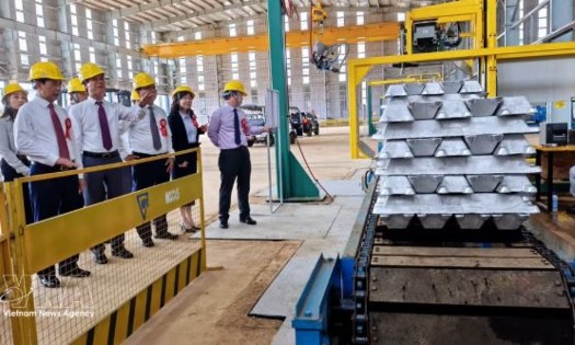 Deputy Prime Minister and Minister of National Defence General Phan Van Giang (front row, first from left) and delegates tour a production line at the Dak Nong Aluminium Electrolysis Plant - Vietnam’s first primary aluminium production project. (Photo: VNA)