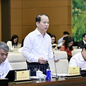 Bộ trưởng Bộ Tư pháp Hoàng Thanh Tùng thuyết trình về nội dung cơ bản của dự thảo. Ảnh: TTXVN.