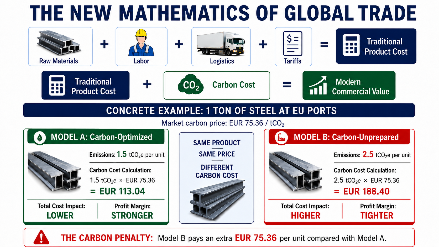 Illustration of how CBAM adds carbon cost to traditional product costs. Source:&nbsp;Vinacontrol<br>*&nbsp;Financial figures cited in the case study are illustrative estimates based on typical scenarios. Actual outcomes may vary depending on production scale, industry sector, and individual facility conditions.