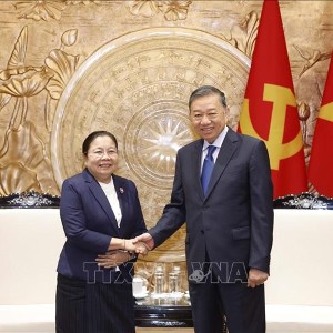 Tổng Bí thư, Chủ tịch nước Tô Lâm tiếp Trưởng Ban Tổ chức Trung ương Đảng Nhân dân Cách mạng Lào Sisay Leudetmounsone. Ảnh: Thống Nhất – TTXVN