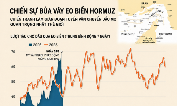 Tình trạng gián đoạn lưu thông tại eo biển Hormuz qua một biểu đồ