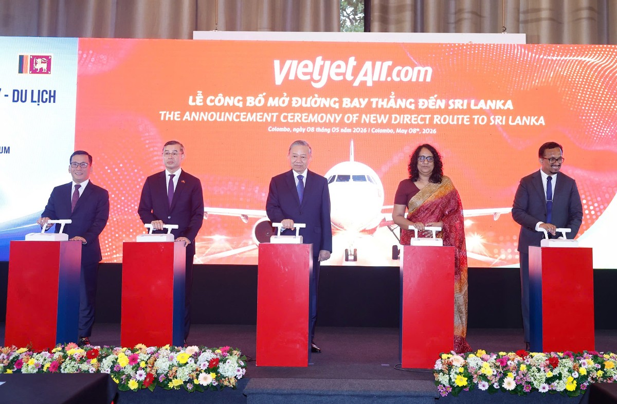 Vietjet chính thức công bố đường bay thẳng giữa TP.Hồ Chí Minh và Colombo trước sự chứng kiến của Tổng Bí thư, Chủ tịch nước Tô Lâm và Thủ tướng Sri Lanka Harini Amarasuriya. Ảnh: Vietjet.