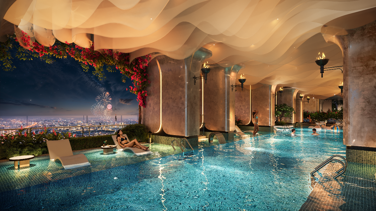 Hồ bơi Onsen vô cực tầng 21 mang đến trải nghiệm wellness cùng tầm nhìn panorama từ trên cao. Ảnh: Khải Hoàn Imperial.