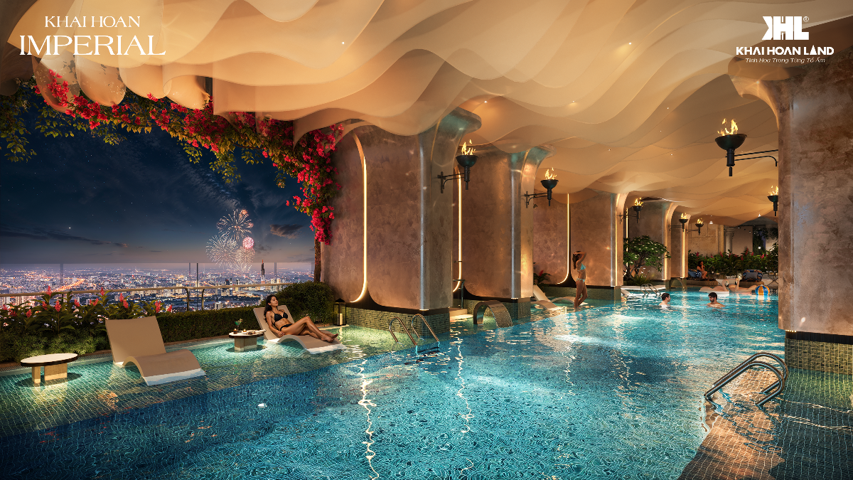 Hồ bơi Onsen vô cực tầng 21 mang đến trải nghiệm wellness cùng tầm nhìn panorama từ trên cao. Ảnh: Khải Hoàn Imperial.