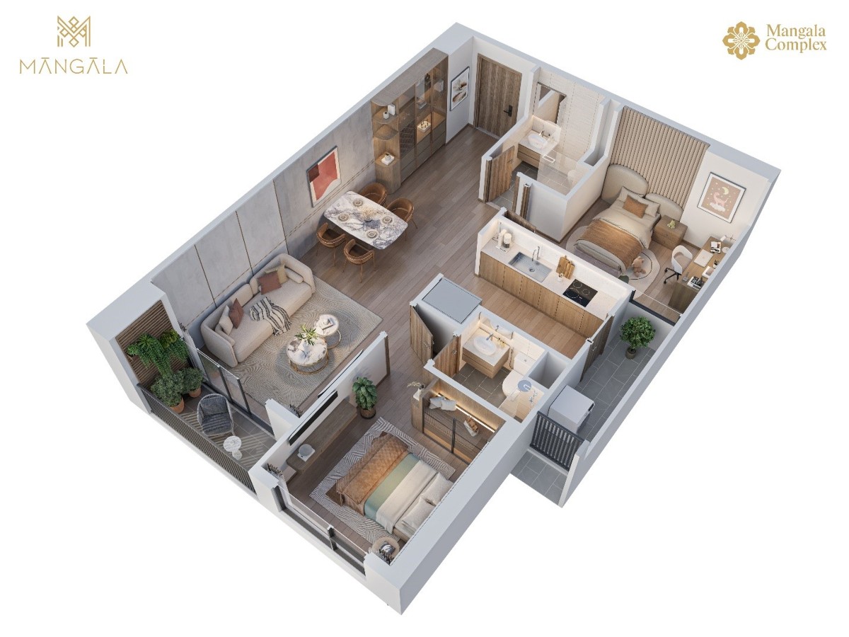 Layout căn 2 phòng ngủ Mangala Complex. Ảnh dự án.