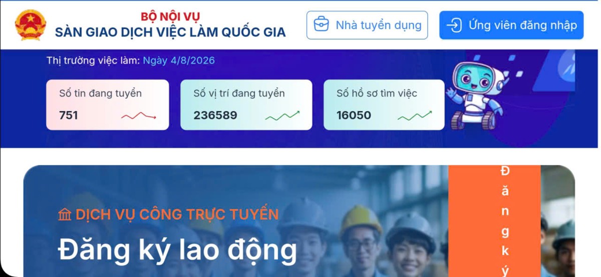 Nền tảng Sàn giao dịch việc làm quốc gia, ngày 4/8. Ảnh chụp màn hình.