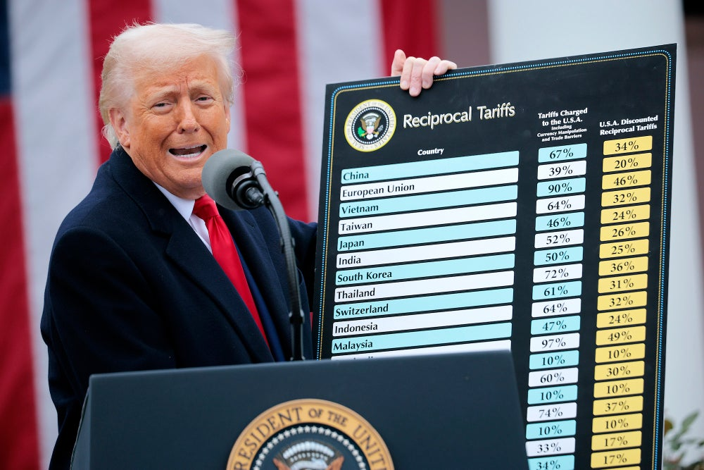 Tổng thống Mỹ Donald Trump công bố chính sách thuế đối ứng, còn gọi là thuế quan "ngày giải phóng" vào ngày 1/4/2025 - Ảnh: Getty Images
