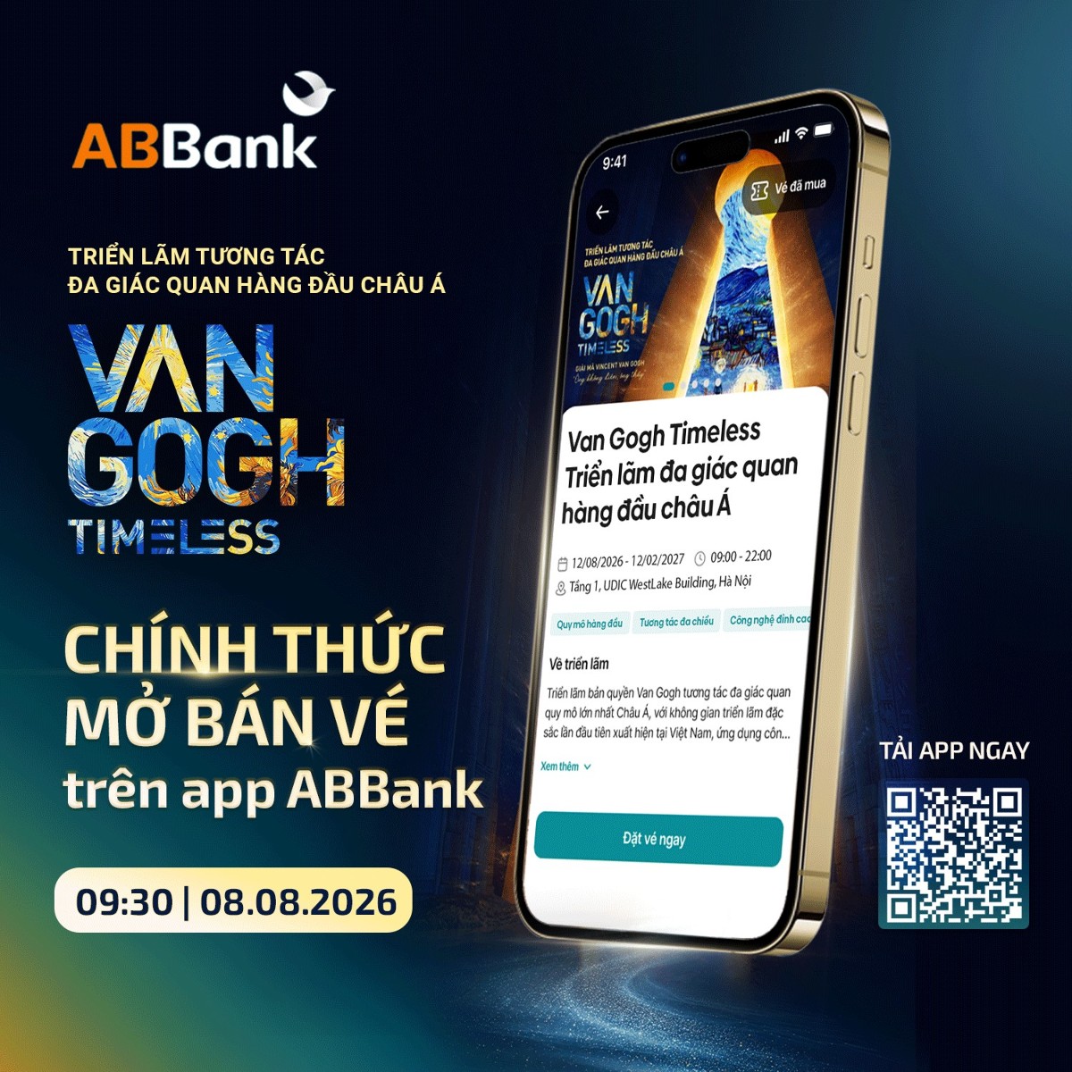 Vé tham dự Triển lãm “Van Gogh Timeless” chính thức mở bán trên ứng dụng Ngân hàng số của ABBank từ 9h30 ngày 8/8/2026.