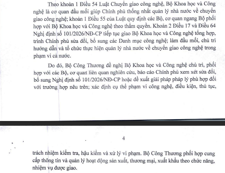 Văn bản của Bộ Công Thương về việc giải quyết vướng mắc, kiến nghị liên quan đến việc áp dụng Nghị định số 101 gửi Bộ Khoa học và Công nghệ.