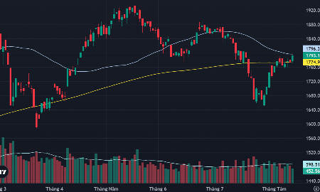 VN-Index và các đường trung bình MA200 ngày, MA50 ngày.